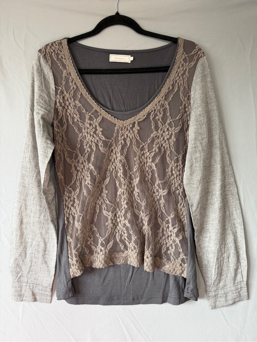 Cream Womens Lagenlook Mixed Media Long Sleeve Top L Lace Linen Cotton Neutral